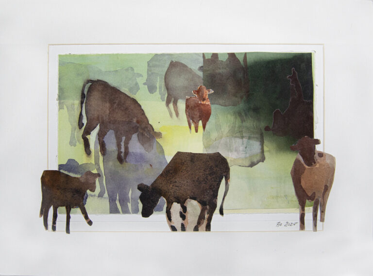 Køer i grønt – akvarel collage – Anne-Sofie Petersen